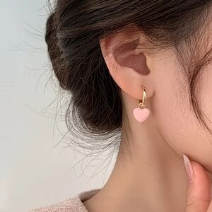 18 KT Gold Over Titanium Pink Enamel Heart Earrings